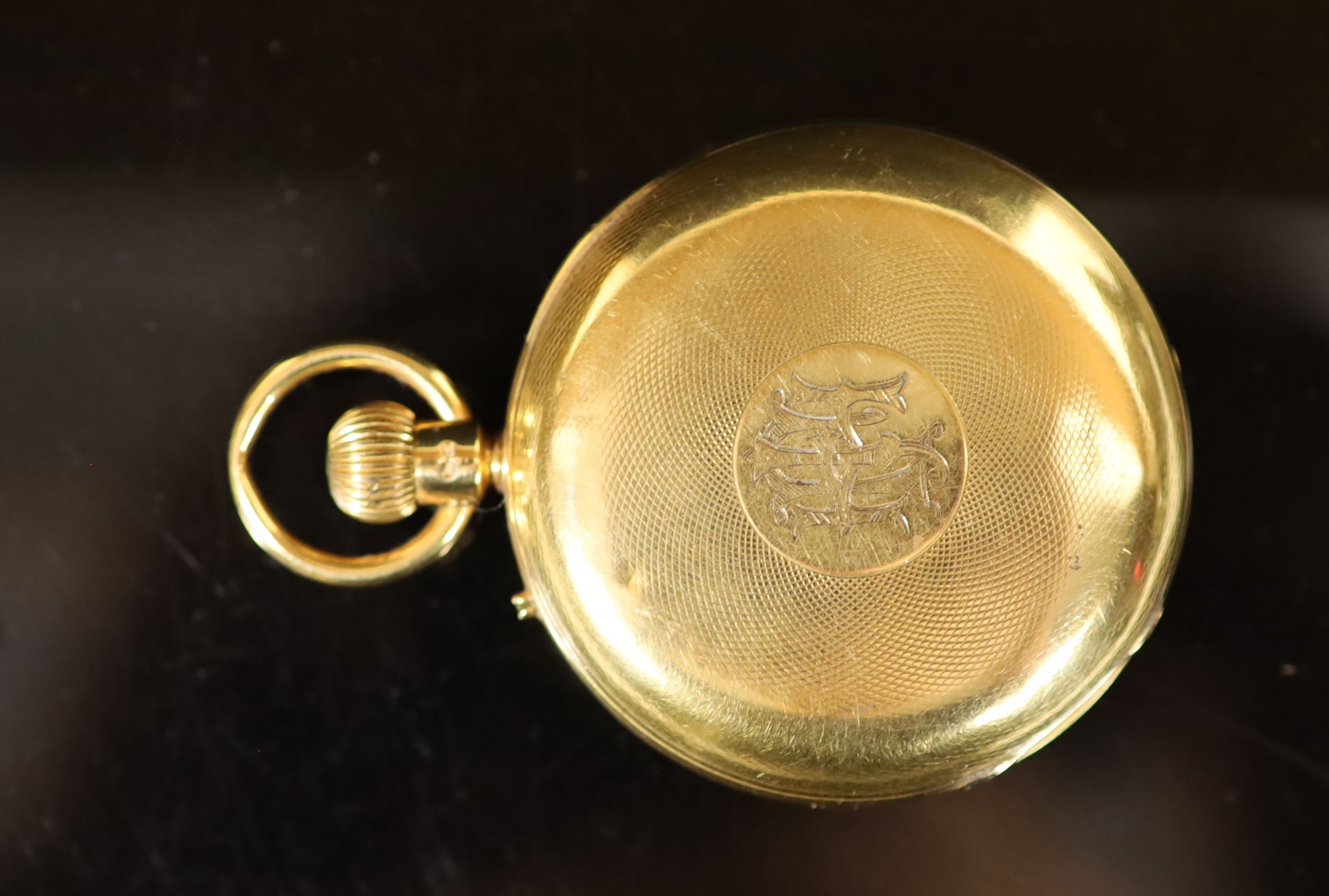 An Edwardian engine turned 18ct gold J.W. Benson, 'The Field Watch', keyless lever half hunter pocket watch